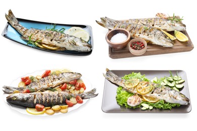 Image of Fried fish. Dishes isolated on white, set
