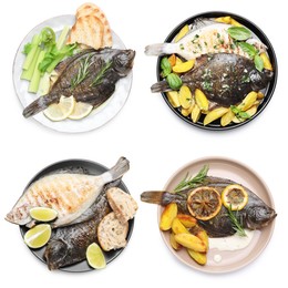 Image of Fried fish. Dishes isolated on white, set. Top view