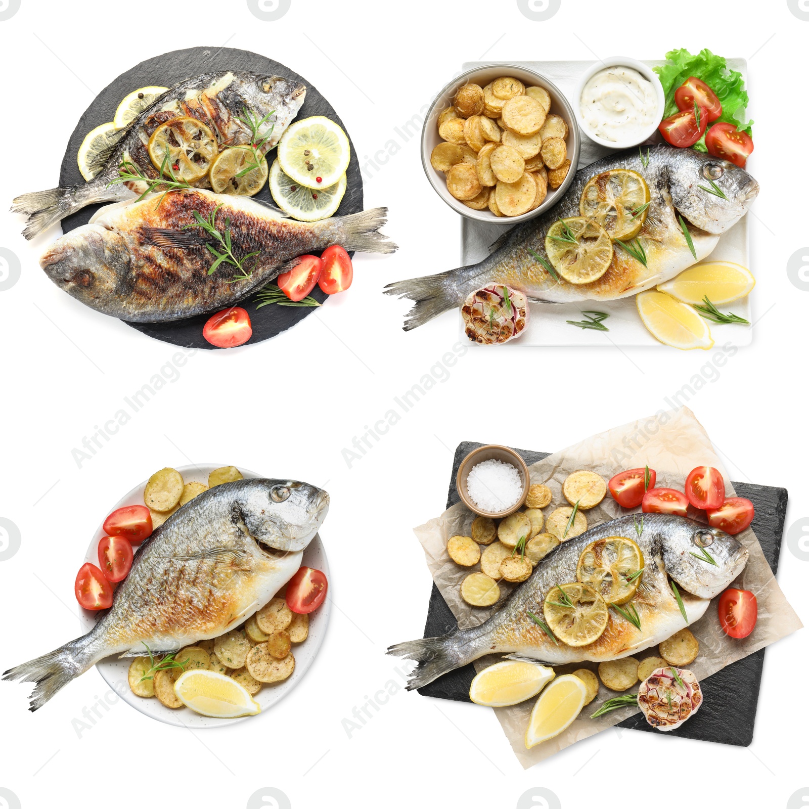 Image of Fried fish. Dishes isolated on white, set. Top view