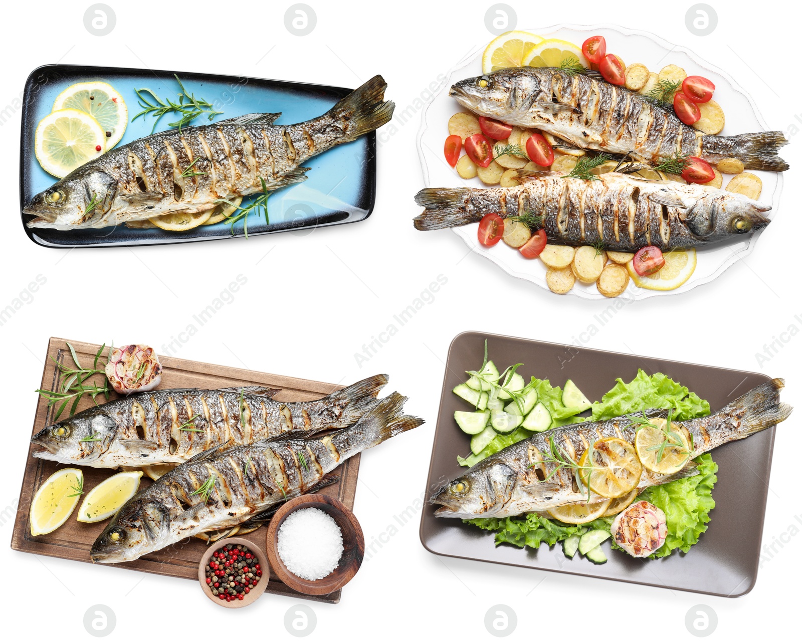 Fried fish. Dishes isolated on white, set. Top view Image of Fried fish. Dishes isolated on white, set. Top view