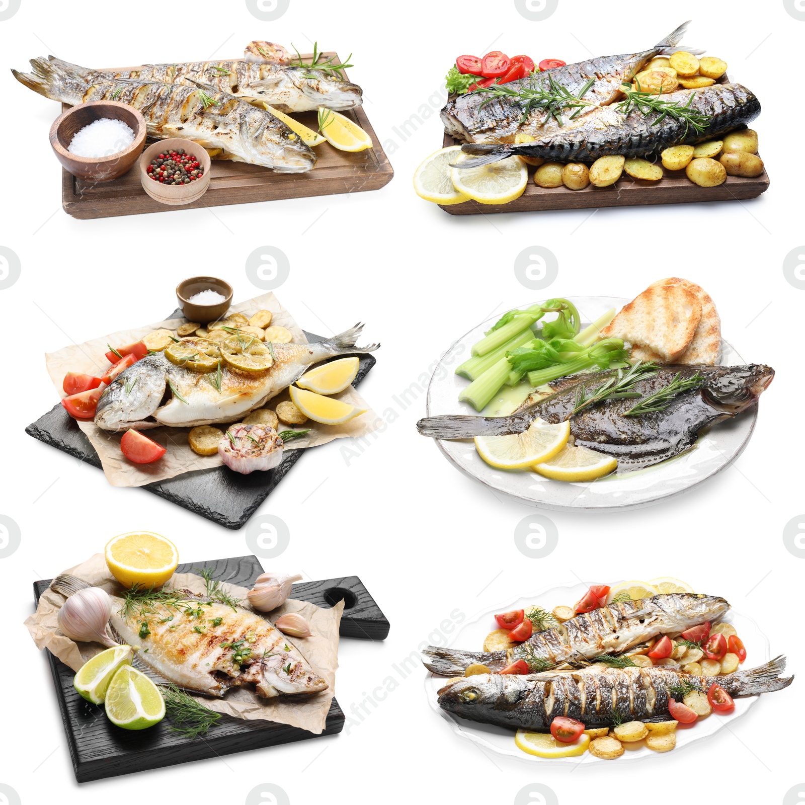 Image of Fried fish. Dishes isolated on white, set