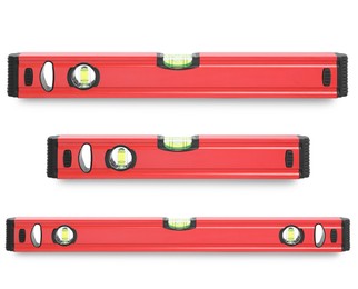 Image of Red bubble levels isolated on white, set. Building measuring instrument