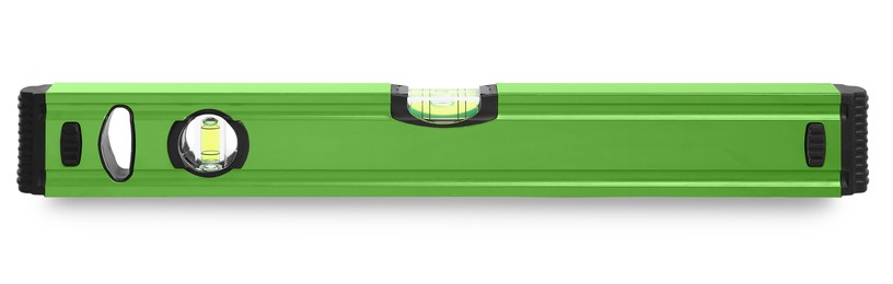 Image of Green bubble level isolated on white. Building measuring instrument