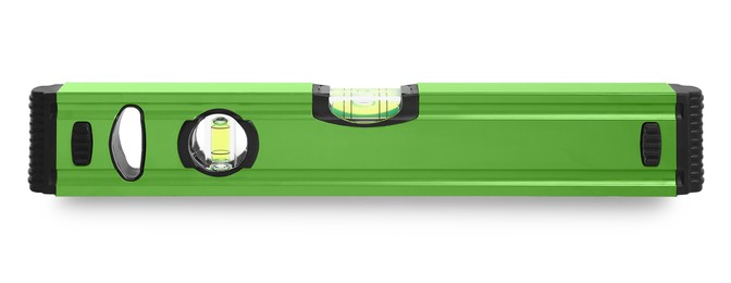 Image of Green bubble level isolated on white. Building measuring instrument