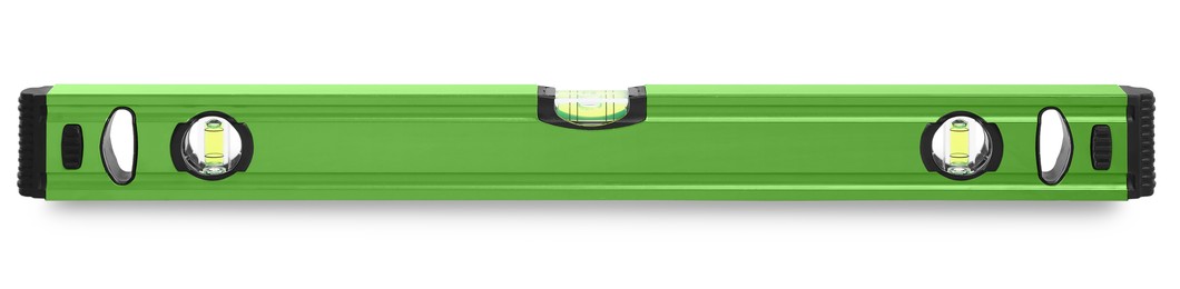 Image of Green bubble level isolated on white. Building measuring instrument