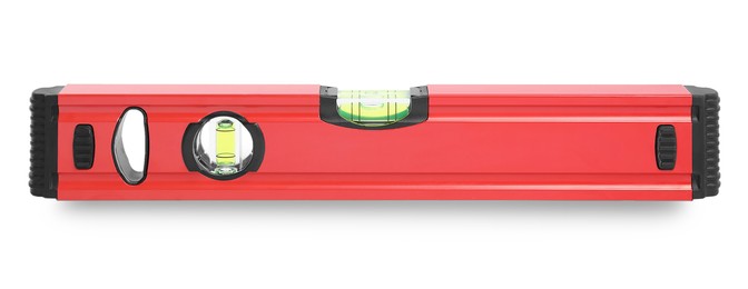 Image of Red bubble level isolated on white. Building measuring instrument