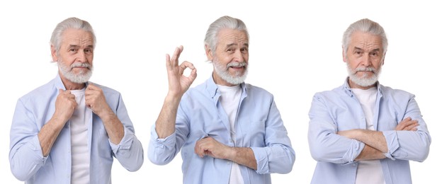 Image of Grandpa posing on white background. Collage with portraits of senior man