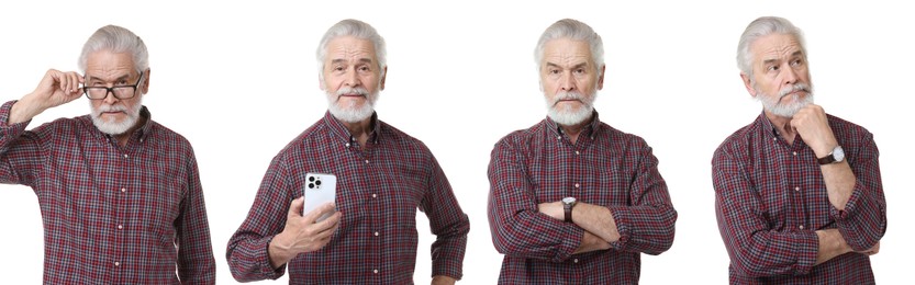 Image of Senior man posing on white background. Collage with portraits of grandpa
