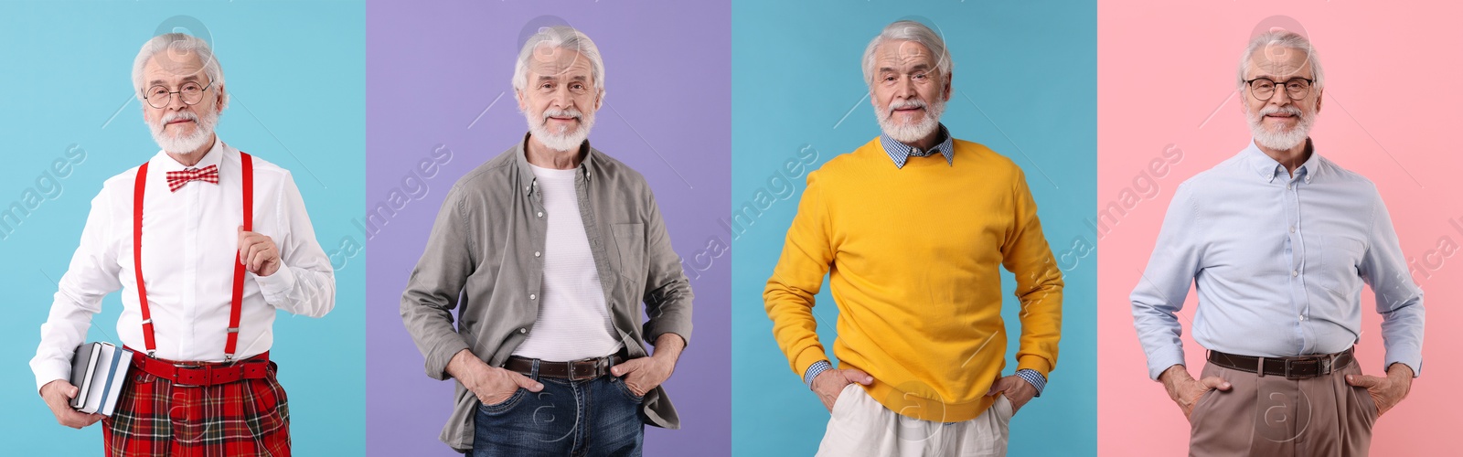 Grandpa posing on different colors backgrounds. Collage with portraits of senior man Image of Grandpa posing on different colors backgrounds. Collage with portraits of senior man