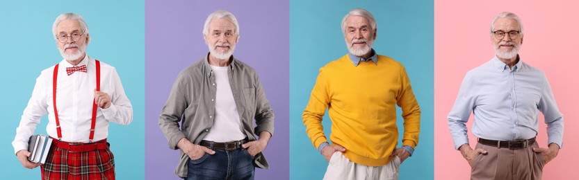 Image of Grandpa posing on different colors backgrounds. Collage with portraits of senior man