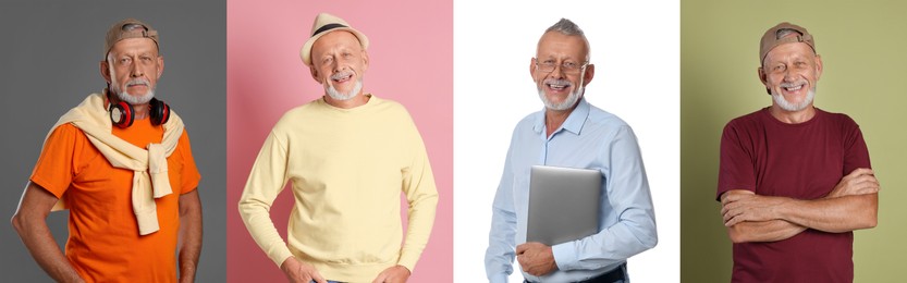 Image of Grandpa posing on different colors backgrounds. Collage with portraits of senior man