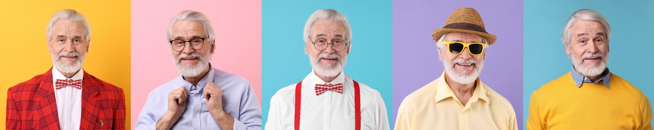 Image of Grandpa posing on different colors backgrounds. Collage with portraits of senior man