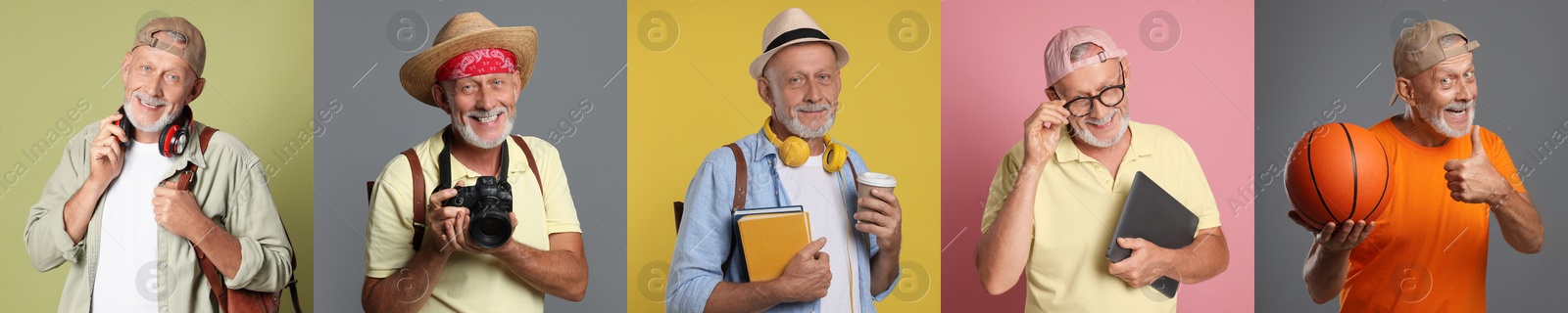 Grandpa posing on different colors backgrounds. Collage with portraits of senior man Image of Grandpa posing on different colors backgrounds. Collage with portraits of senior man