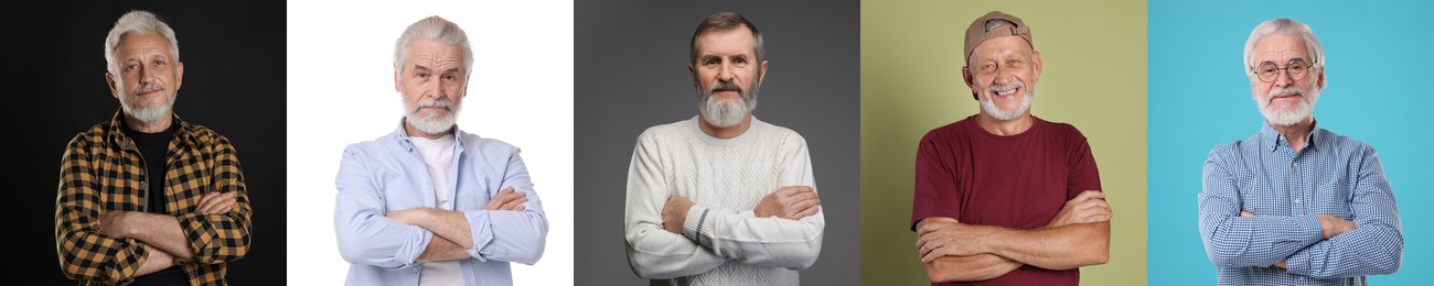 Image of Senior men posing on different colors backgrounds. Collage with portraits of grandpas