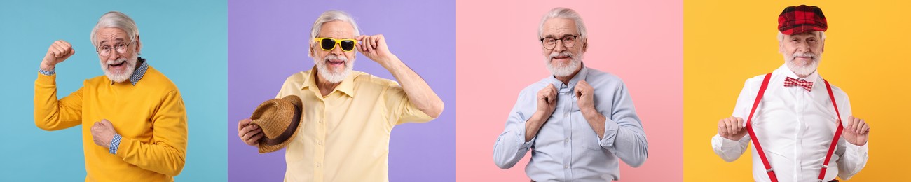Image of Senior man posing on different colors backgrounds. Collage with portraits of grandpa