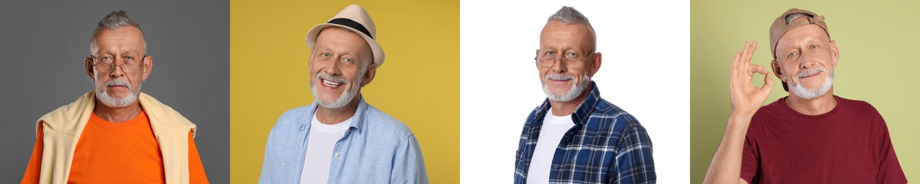 Image of Senior man posing on different colors backgrounds. Collage with portraits of grandpa