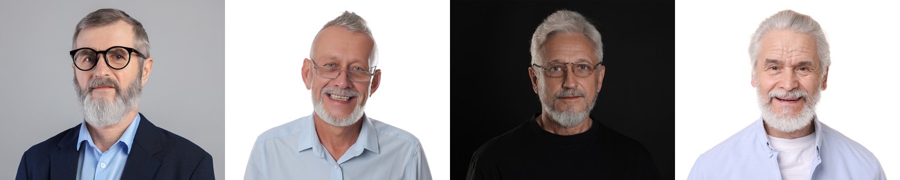 Image of Senior men posing on different colors backgrounds. Collage with portraits of grandpas
