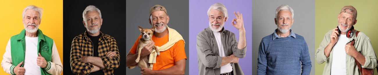 Image of Grandpas posing on different colors backgrounds. Collage with portraits of senior men