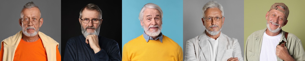 Image of Grandpas posing on different colors backgrounds. Collage with portraits of senior men