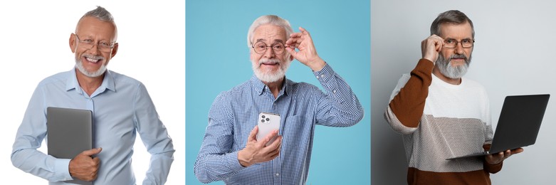 Image of Grandpas posing on different colors backgrounds. Collage with portraits of senior men