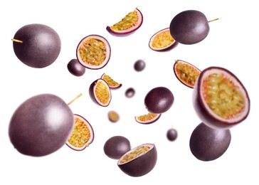 Image of Fresh passion fruits swirling in air against white background