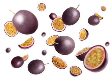 Image of Fresh passion fruits swirling in air against white background