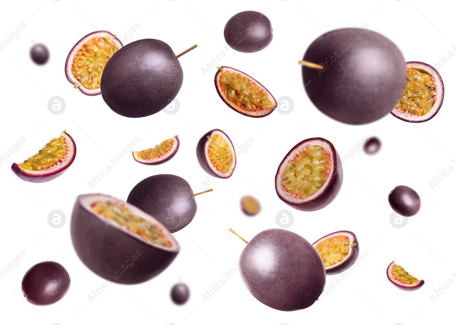 Image of Fresh passion fruits swirling in air against white background