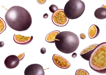 Image of Fresh passion fruits swirling in air against white background