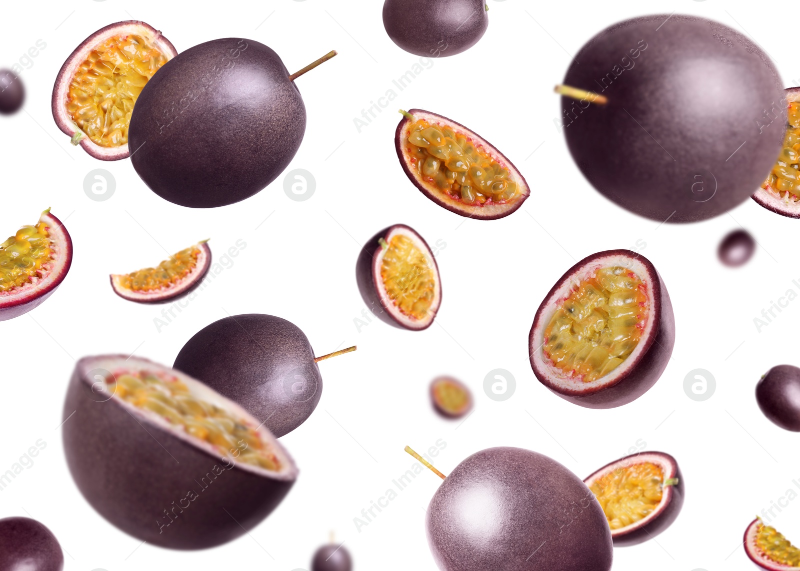 Image of Fresh passion fruits swirling in air against white background