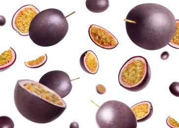 Image of Fresh passion fruits swirling in air against white background