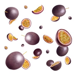 Image of Fresh passion fruits swirling in air against white background