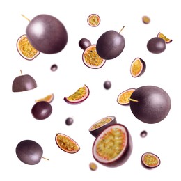 Image of Fresh passion fruits swirling in air against white background