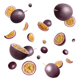 Image of Fresh passion fruits swirling in air against white background