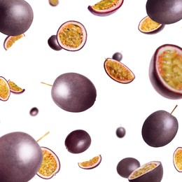 Image of Fresh passion fruits swirling in air against white background