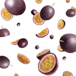 Image of Fresh passion fruits swirling in air against white background