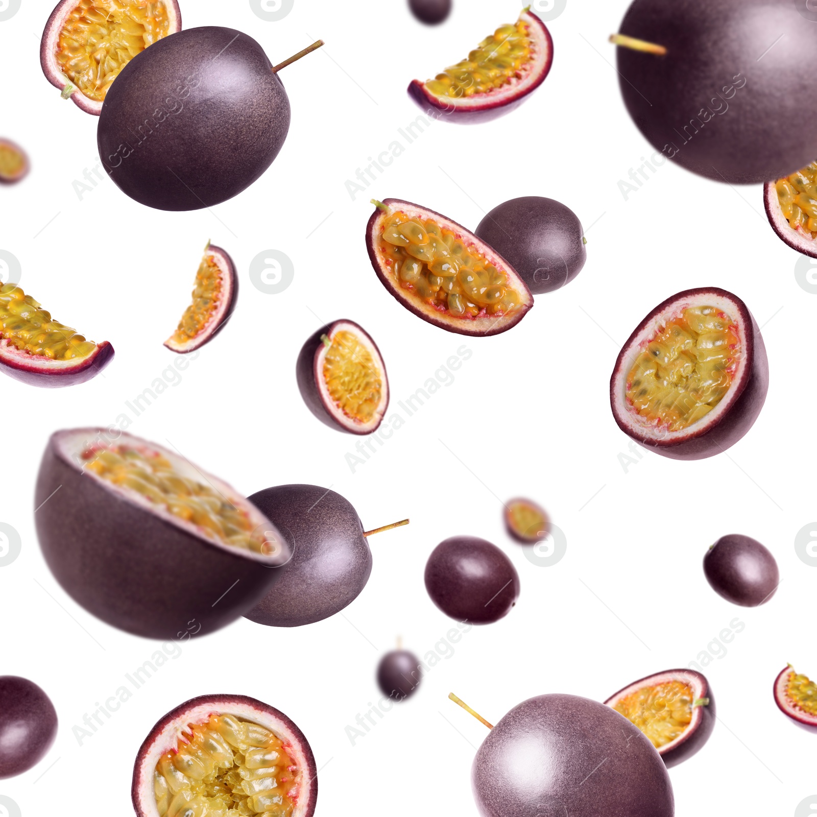 Image of Fresh passion fruits swirling in air against white background
