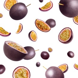 Image of Fresh passion fruits swirling in air against white background