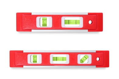Image of Red bubble levels isolated on white, set. Building measuring instrument