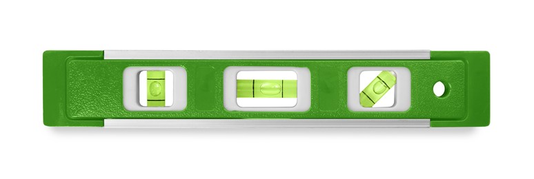 Image of Green bubble level isolated on white. Building measuring instrument