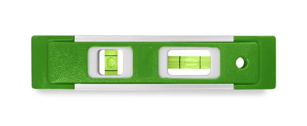 Image of Green bubble level isolated on white. Building measuring instrument
