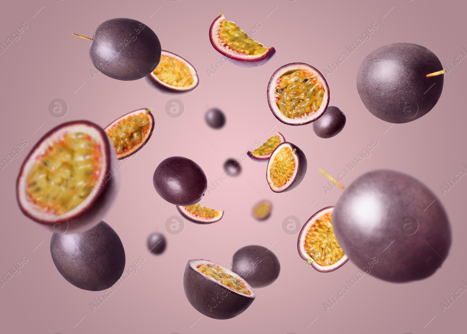 Image of Fresh passion fruits swirling in air against color gradient background