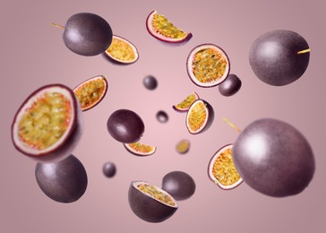 Image of Fresh passion fruits swirling in air against color gradient background