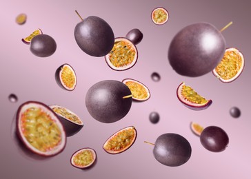 Image of Fresh passion fruits swirling in air against color gradient background