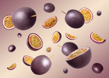 Image of Fresh passion fruits swirling in air against color gradient background