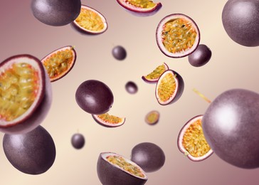 Image of Fresh passion fruits swirling in air against color gradient background