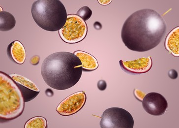 Image of Fresh passion fruits swirling in air against color gradient background