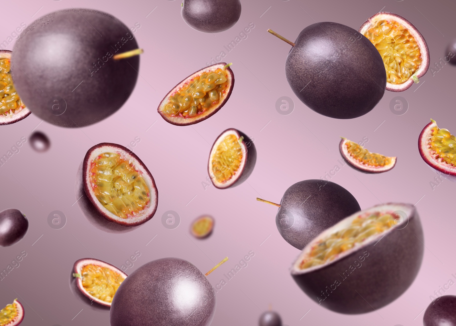Image of Fresh passion fruits swirling in air against color gradient background