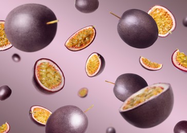 Image of Fresh passion fruits swirling in air against color gradient background