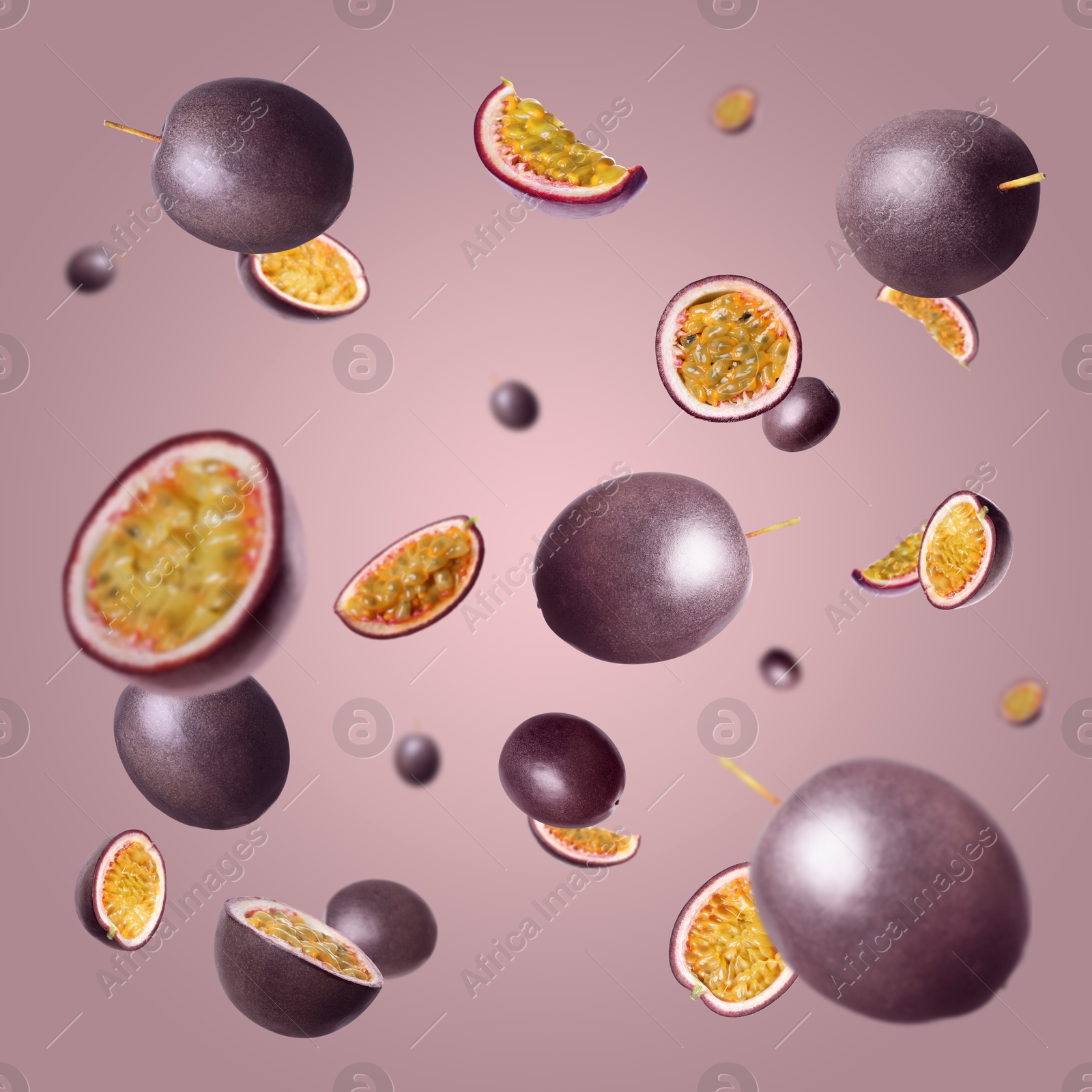 Image of Fresh passion fruits swirling in air against color gradient background