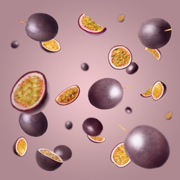 Image of Fresh passion fruits swirling in air against color gradient background